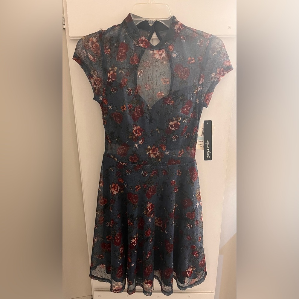 Sequin Hearts Navy Floral Lace Midi Dress with Red Rose Print